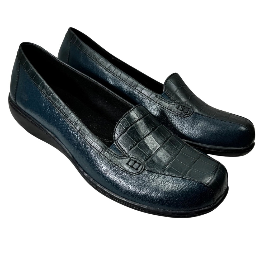 Clarks Loafers Women 8.5 Blue Leather Croc Embossed Shoes‎ Office Comfort